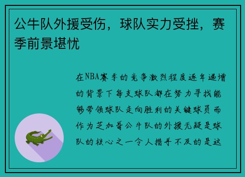 公牛队外援受伤，球队实力受挫，赛季前景堪忧