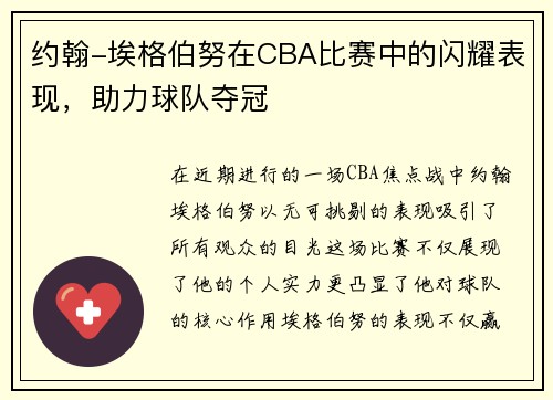 约翰-埃格伯努在CBA比赛中的闪耀表现，助力球队夺冠